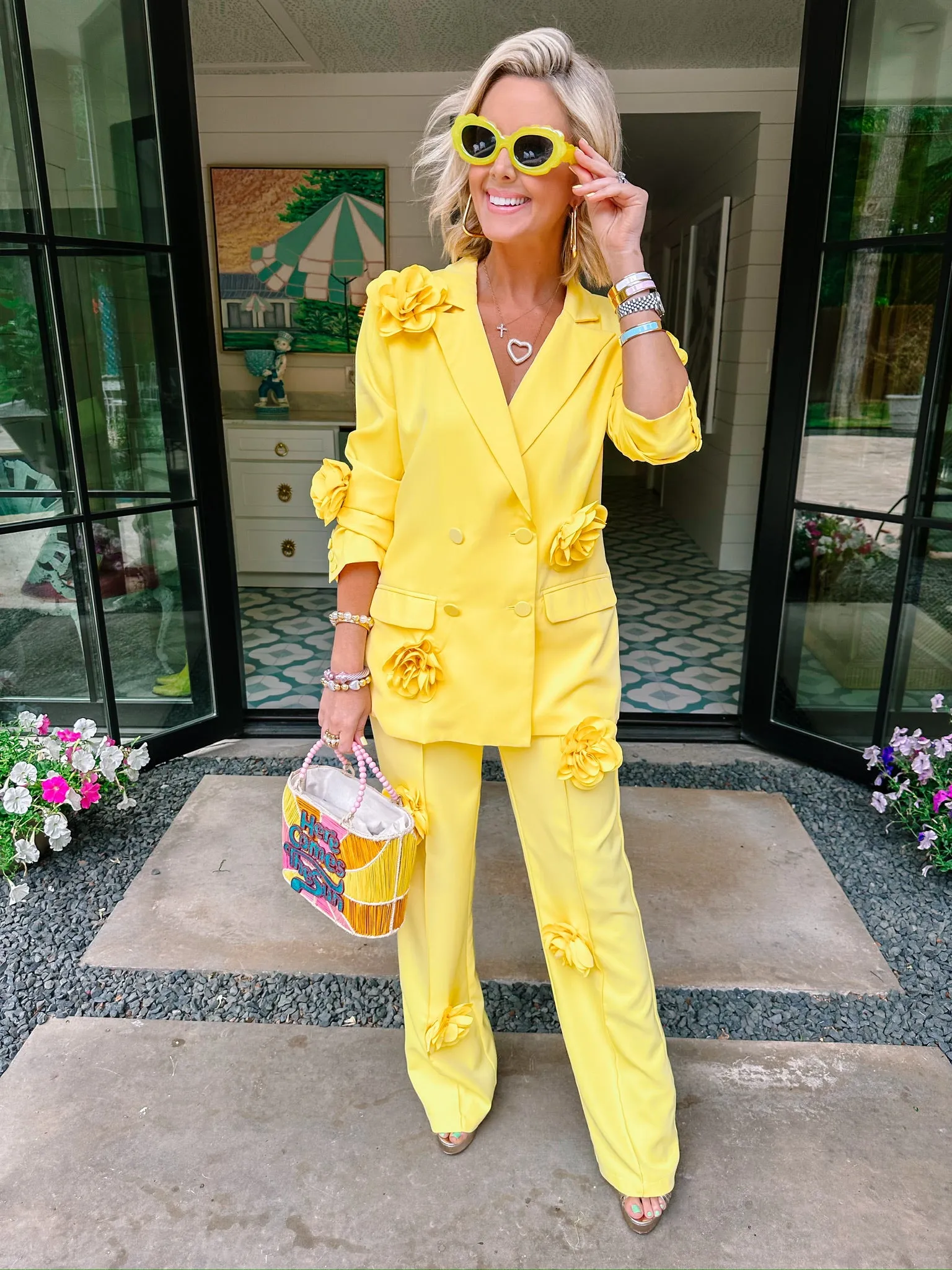 NEW BEGINNINGS ROSE BLAZER PANT SET - YELLOW