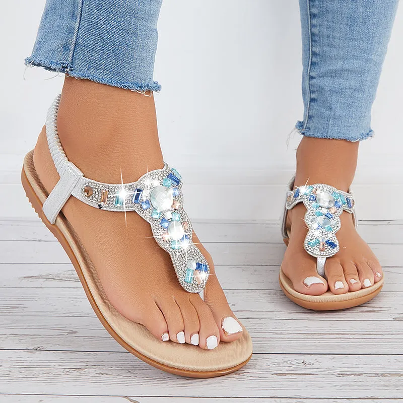 Rhinestone Flat Beach Shoes Boho Beaded Flip Flops Sandals