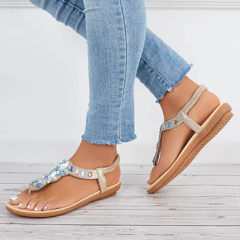 Rhinestone Flat Beach Shoes Boho Beaded Flip Flops Sandals