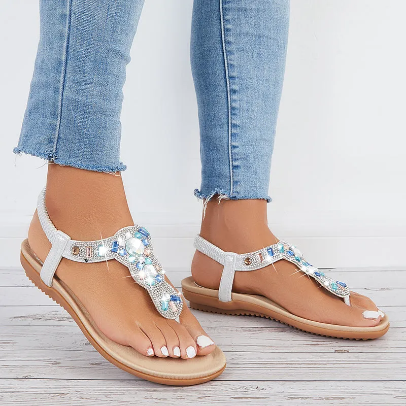 Rhinestone Flat Beach Shoes Boho Beaded Flip Flops Sandals