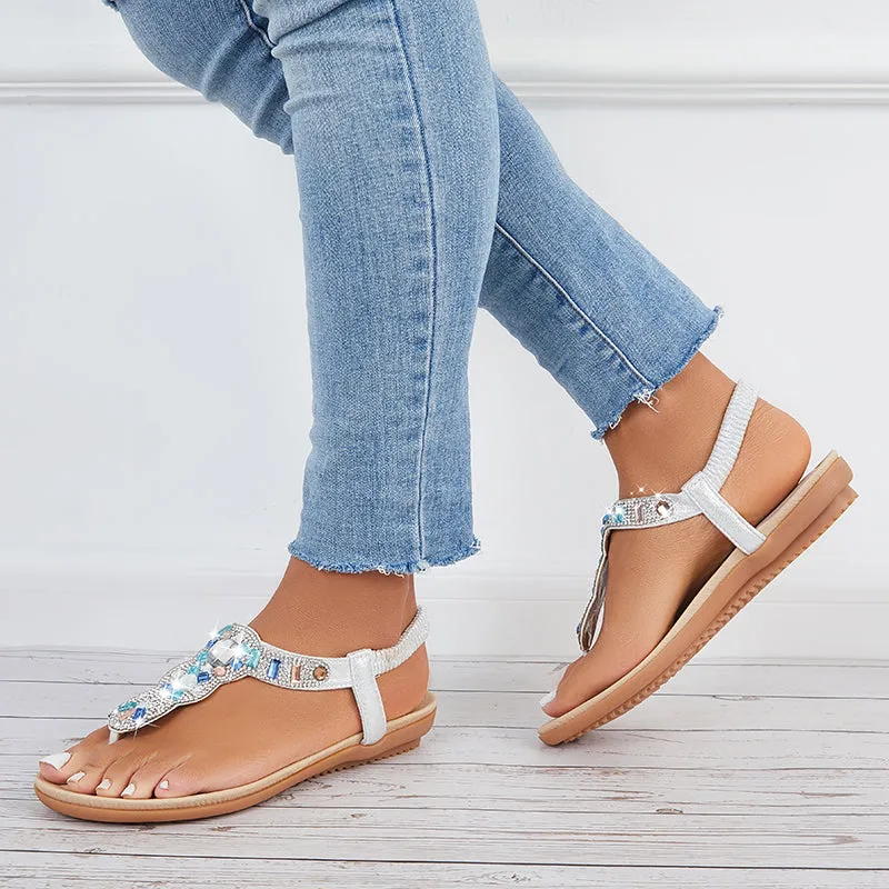Rhinestone Flat Beach Shoes Boho Beaded Flip Flops Sandals