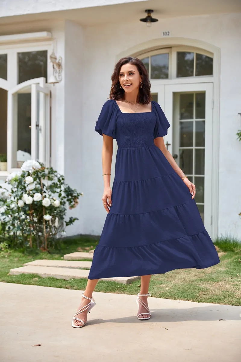 TastyHottie - Scoop Neck Puff Sleeve Ruffle Hem Dress
