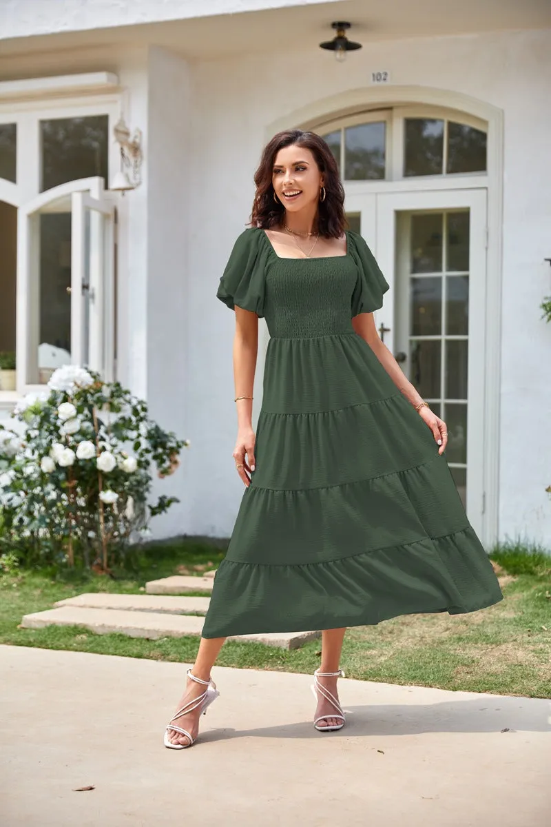 TastyHottie - Scoop Neck Puff Sleeve Ruffle Hem Dress