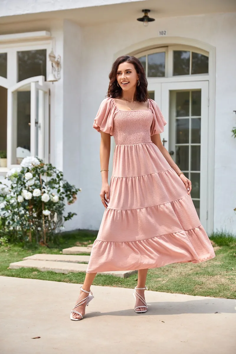 TastyHottie - Scoop Neck Puff Sleeve Ruffle Hem Dress