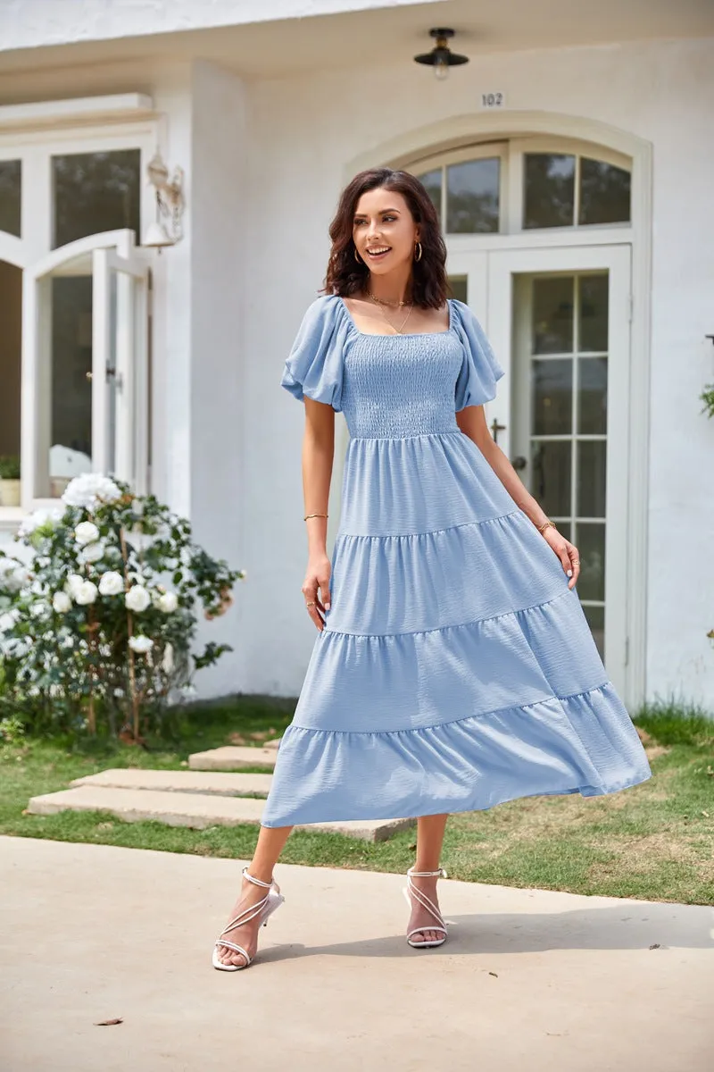 TastyHottie - Scoop Neck Puff Sleeve Ruffle Hem Dress