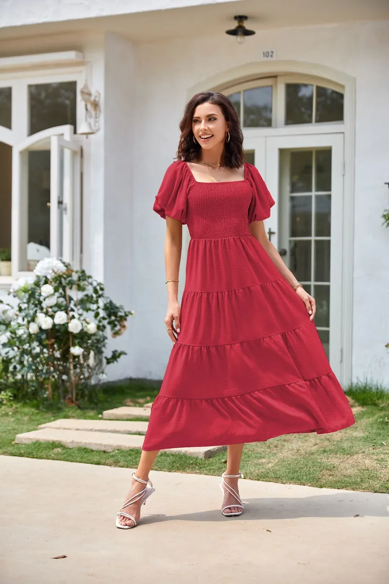 TastyHottie - Scoop Neck Puff Sleeve Ruffle Hem Dress