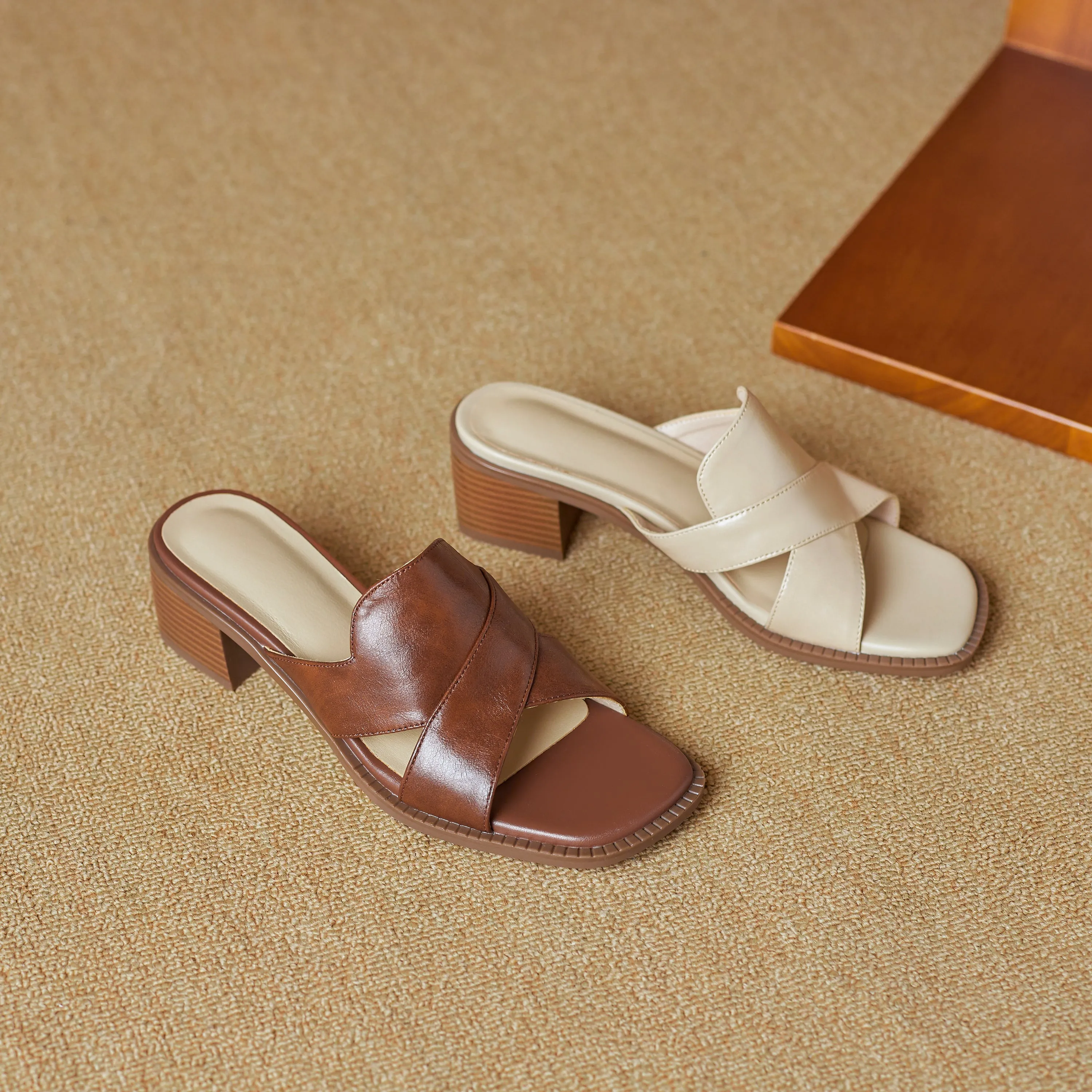 Womens Summer Crossover-Strap Square-Toe Block-Heel Mules Sandals