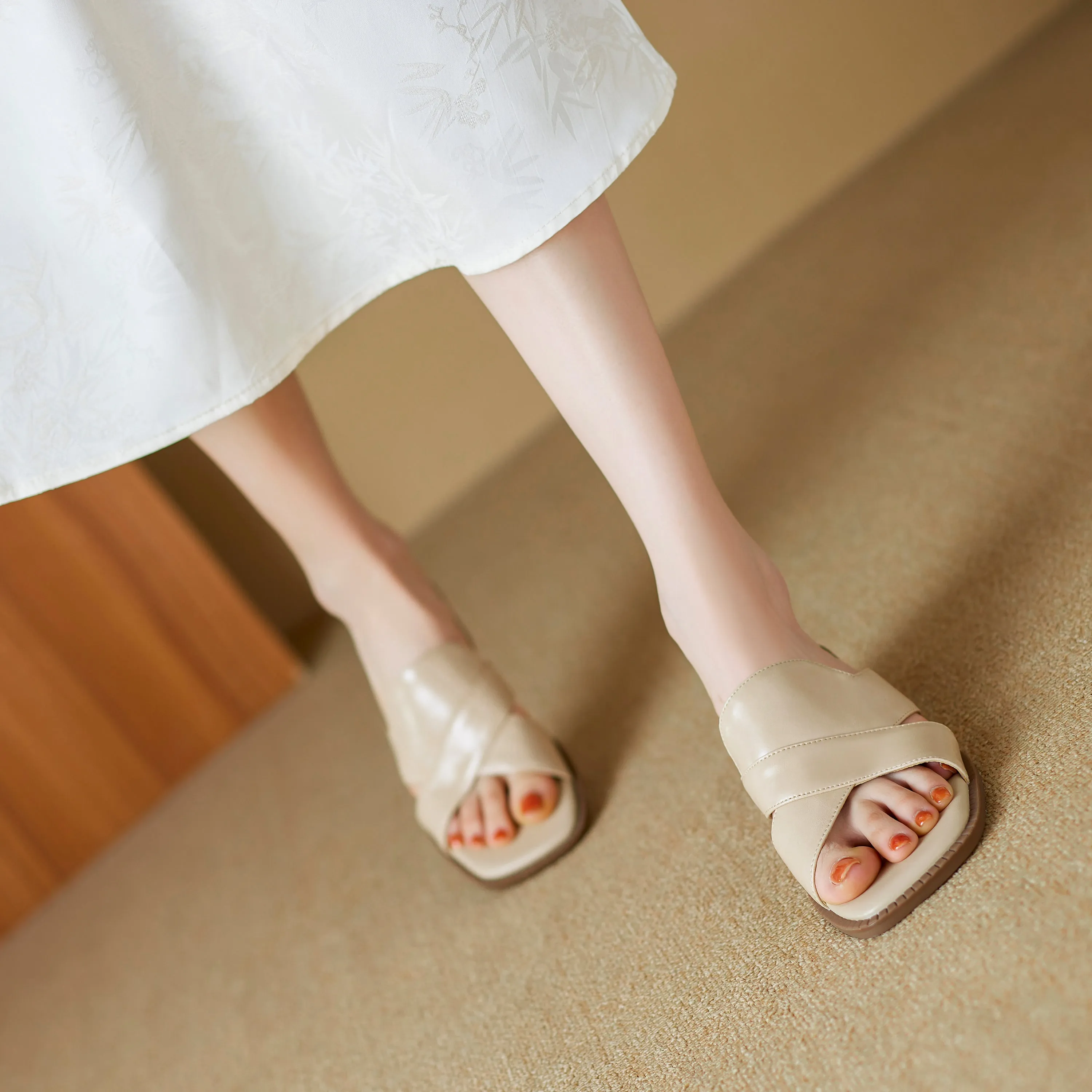 Womens Summer Crossover-Strap Square-Toe Block-Heel Mules Sandals