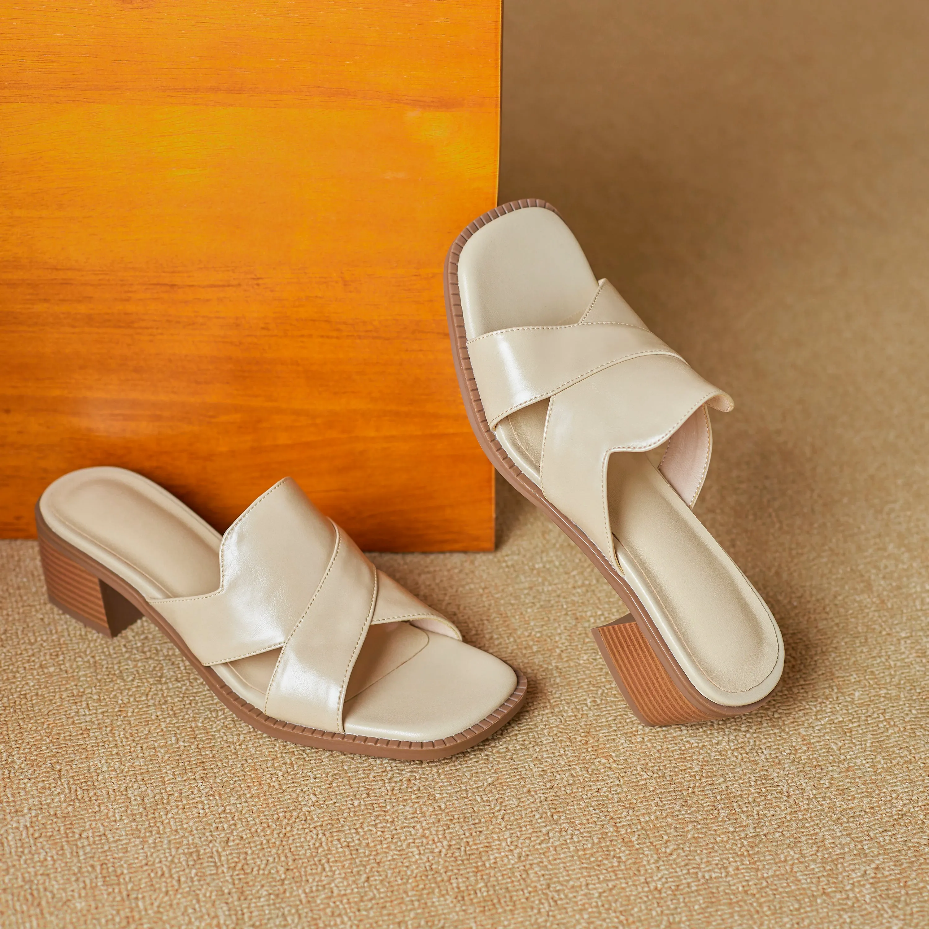 Womens Summer Crossover-Strap Square-Toe Block-Heel Mules Sandals