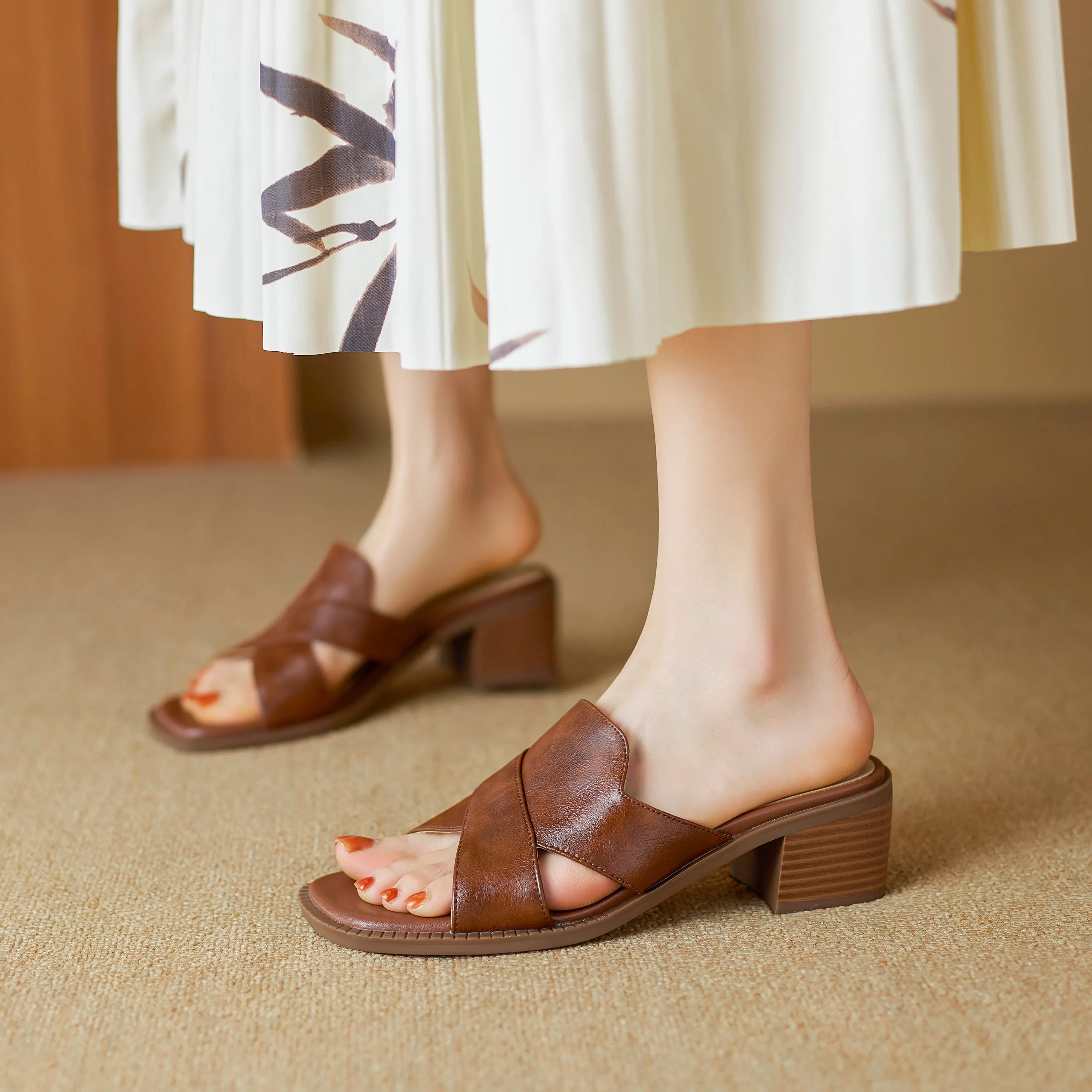 Womens Summer Crossover-Strap Square-Toe Block-Heel Mules Sandals