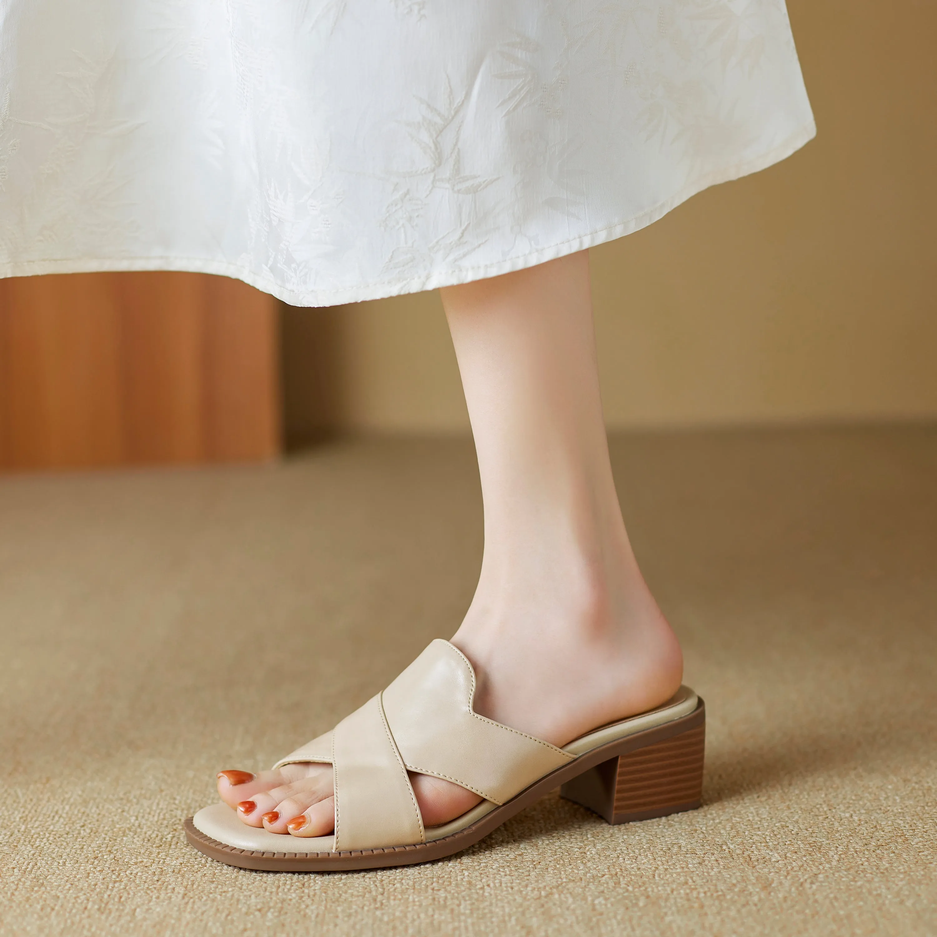 Womens Summer Crossover-Strap Square-Toe Block-Heel Mules Sandals