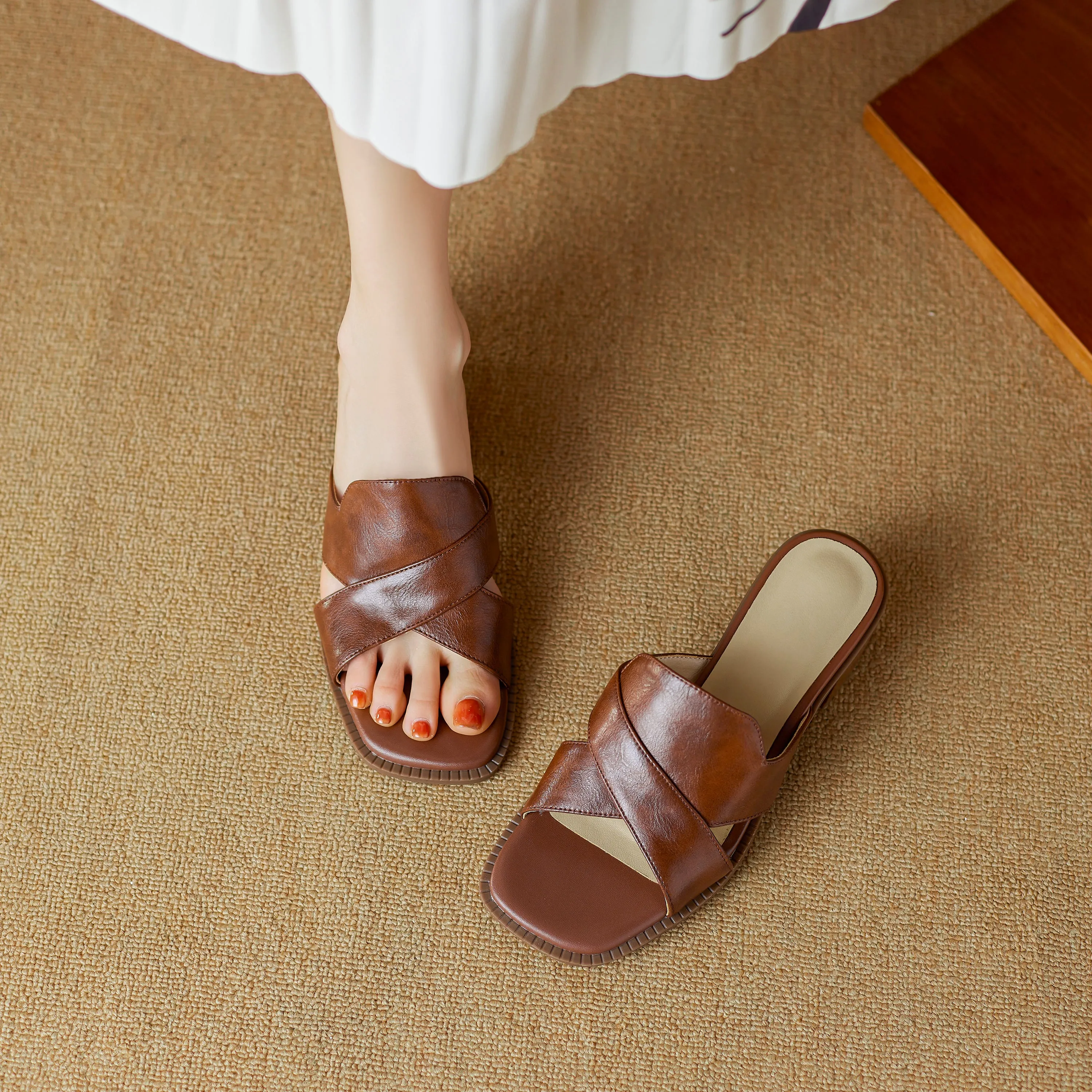 Womens Summer Crossover-Strap Square-Toe Block-Heel Mules Sandals